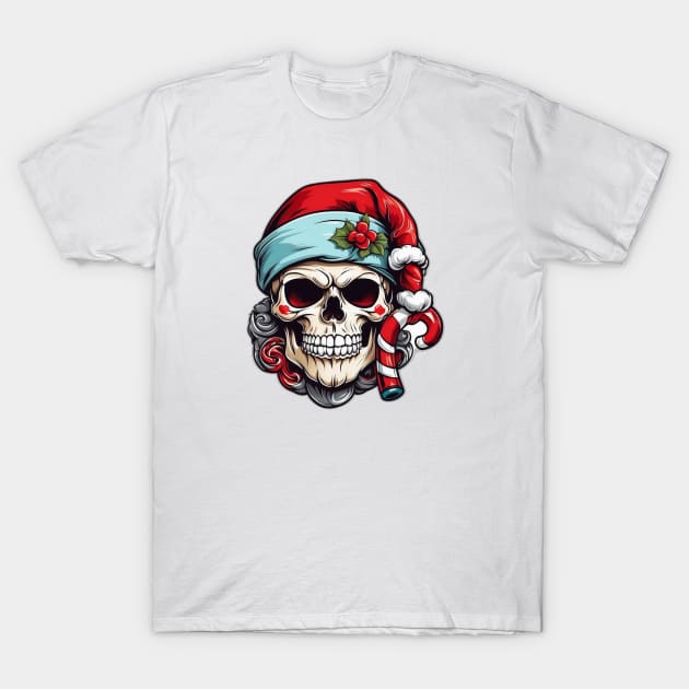 Santa Hat wearing Skull with Candy Canes T-Shirt by Lunarix Designs